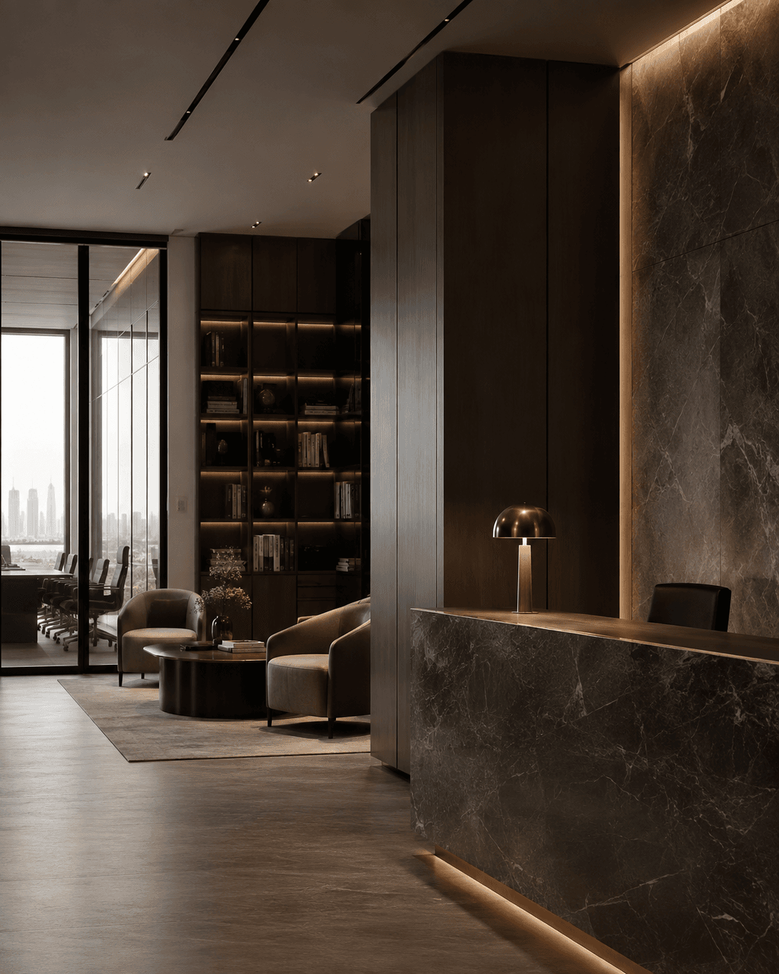 XR Legal office reception and library with Dubai skyline views