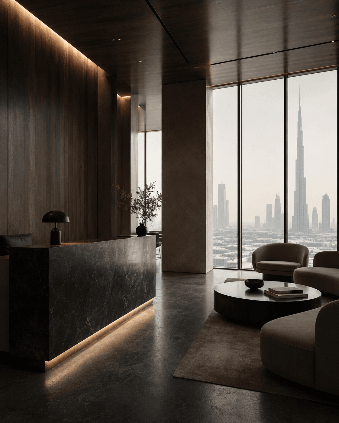 XR Legal reception area overlooking the Dubai skyline and Burj Khalifa